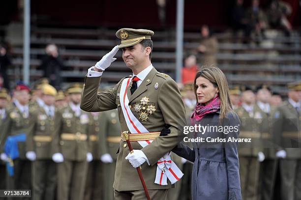 Prince Felipe of Spain and Princess Letizia of Spain attend a military event on February 27, 2010 in Zaragoza, Spain.