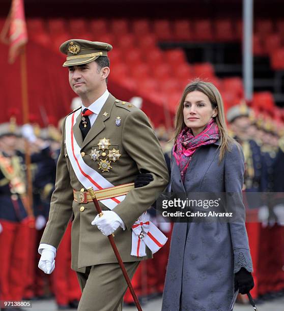 Prince Felipe of Spain and Princess Letizia of Spain attend a military event on February 27, 2010 in Zaragoza, Spain.