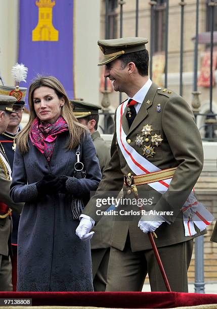 Prince Felipe of Spain and Princess Letizia of Spain attend a military event on February 27, 2010 in Zaragoza, Spain.