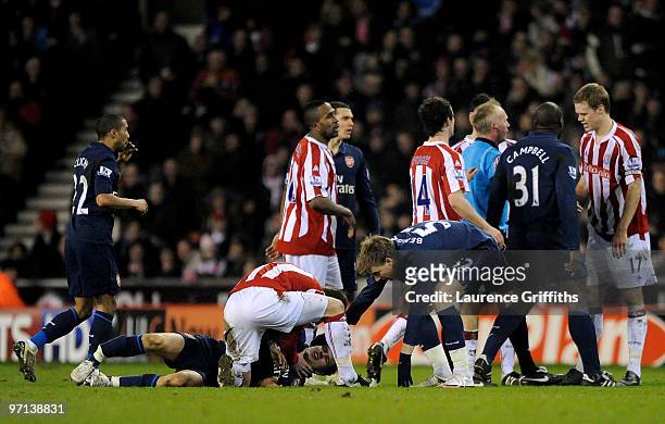 Ryan Shawcross of Stoke City is sent off by Referee Peter Walton for a challenge on Aaron Ramsey of Arsenal during the Barclays Premier League match...