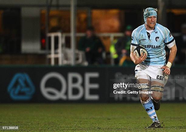 Jordan Crane of Leicester in action during the Guinness Premiership match between Northampton Saints and Leicester Tigers at Franklins Gardens on...