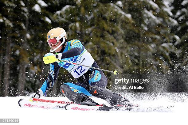 Andre Myhrer of Sweden competes during the Men's Slalom on day 16 of the Vancouver 2010 Winter Olympics at Whistler Creekside on February 27, 2010 in...