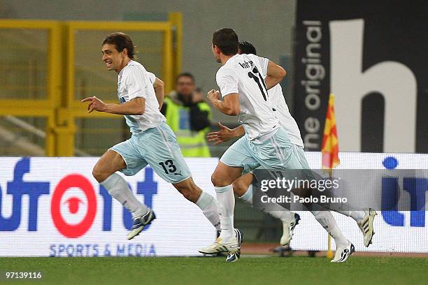 Sebastiano Siviglia and his teammates of SS Lazio celebrate the opening goal during the Serie A match between Lazio and Fiorentina at Stadio Olimpico...