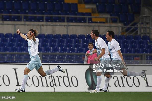 Sebastiano Siviglia and his teammates of SS Lazio celebrate the opening goal during the Serie A match between Lazio and Fiorentina at Stadio Olimpico...