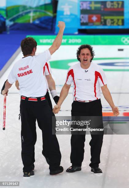 Ralph Stoeckli of Switzerland celebrates victory in the Men's Bronze Medal game between Sweden and Switzerland on day 16 of the 2010 Vancouver Winter...