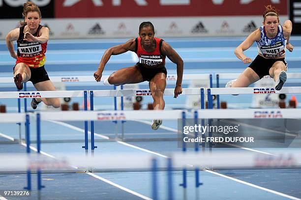 French athlets Gersende Hayoz, Alice Decaux and Aurore Ruet compete in the 60M hurdles contest of the French athletics indoor championships on...