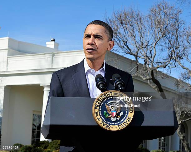 President Barack Obama addresses the media on the recent earthquake in Chile and a potentially damaging tsunami in Hawaii on February 27, 2010...