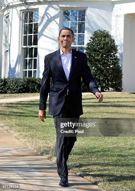 President Barack Obama arrives to address the media on the recent earthquake in Chile and a potentially damaging tsunami in Hawaii on February 27,...