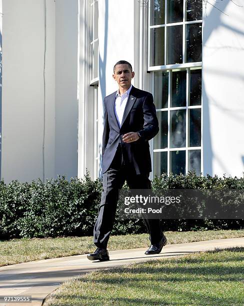 President Barack Obama arrives to address the media on the recent earthquake in Chile and a potentially damaging tsunami in Hawaii on February 27,...