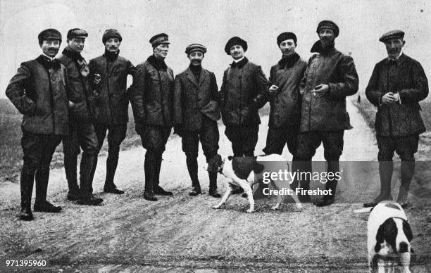 Pioneers of Italian aviation. Centocelle 1911. From left Lieutenant Marro. Lieutenant Lampugnani. Lieutenant Doctor Falchi. Commander Ginocchio....