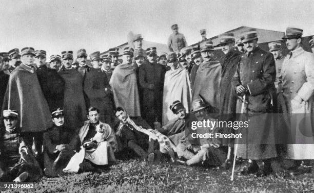 Pioneers of Italian aviation. Mirafiori 1913. Group of aviator officers. We see the commander of the camp Captain Bolla. The Capitani Piccio. La...