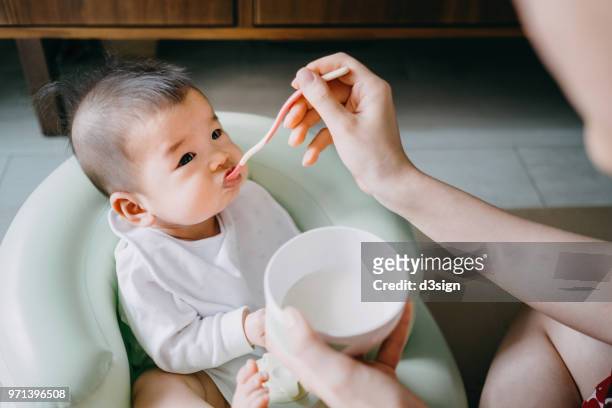 mother feeding baby for the first time with solid food at home - 初めての出来事 ストックフォトと画像