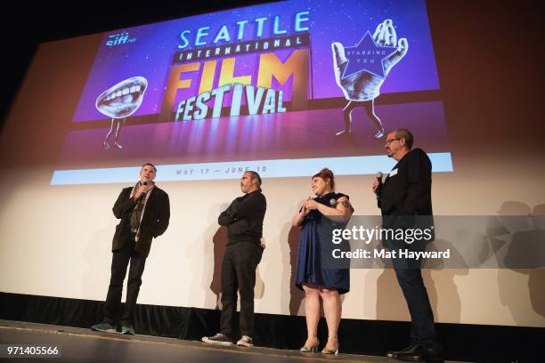 Director Gus Van Sant, Actor Joaquin Phoenix, Actress Beth Ditto and Keith Simanton of IMDb speak on stage after a screening of the film 'Don't...