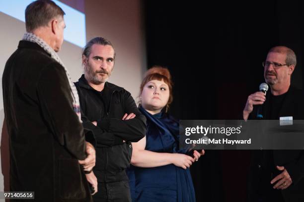 Director Gus Van Sant, Actor Joaquin Phoenix, Actress Beth Ditto and Keith Simanton of IMDb speak on stage after a screening of the film 'Don't...