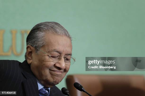 Mahathir Mohamad, Malaysia's prime minister, reacts as he attends a news conference at the Japan National Press Club in Tokyo, Japan, on Monday, June...
