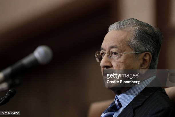 Mahathir Mohamad, Malaysia's prime minister, pauses during a news conference at the Japan National Press Club in Tokyo, Japan, on Monday, June 11,...