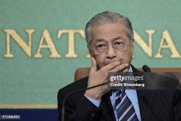 Mahathir Mohamad, Malaysia's prime minister, pauses during a news conference at the Japan National Press Club in Tokyo, Japan, on Monday, June 11,...