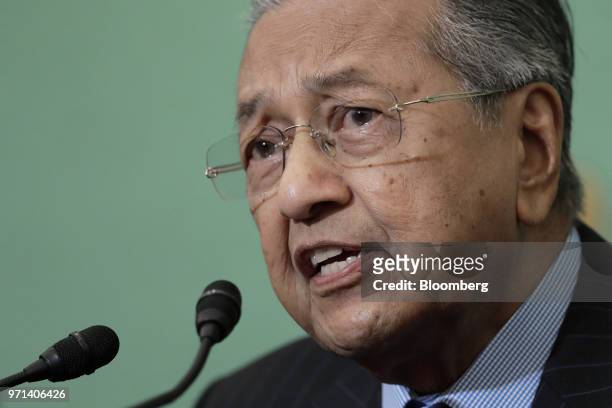 Mahathir Mohamad, Malaysia's prime minister, speaks during a news conference at the Japan National Press Club in Tokyo, Japan, on Monday, June 11,...