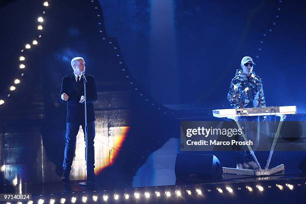 Neil Tennant and Chris Lowe of the Pet Shop Boys perform at the 187th 'Wetten, dass...?' show at the Messe Erfurt on February 27, 2010 in Erfurt,...