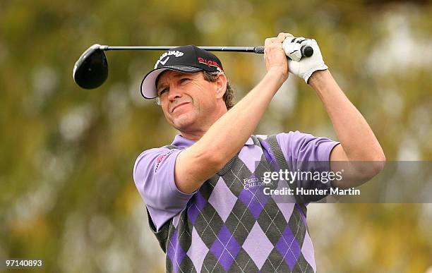 Lee Janzen hits his tee shot on the eighth hole during the third round of the Waste Management Phoenix Open at TPC Scottsdale on February 27, 2010 in...