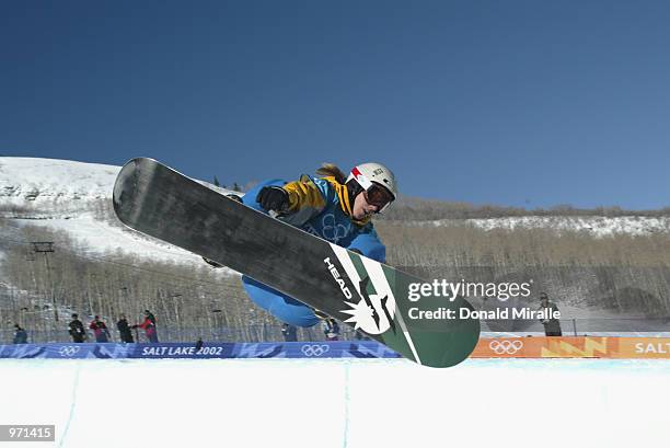 Anna Hellman of Sweden in the qualifying round of the women's halfpipe snowboarding event during the Salt Lake City Winter Olympic Games on February...