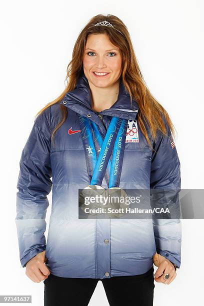 Olympic Alpine Skier Julia Mancuso of the United States with her two silver medals won in the ladies downhill and super combined events at the 2010...
