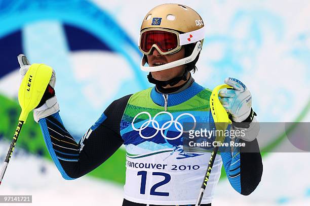 Andre Myhrer of Sweden reacts after the Men's Slalom second run on day 16 of the Vancouver 2010 Winter Olympics at Whistler Creekside on February 27,...