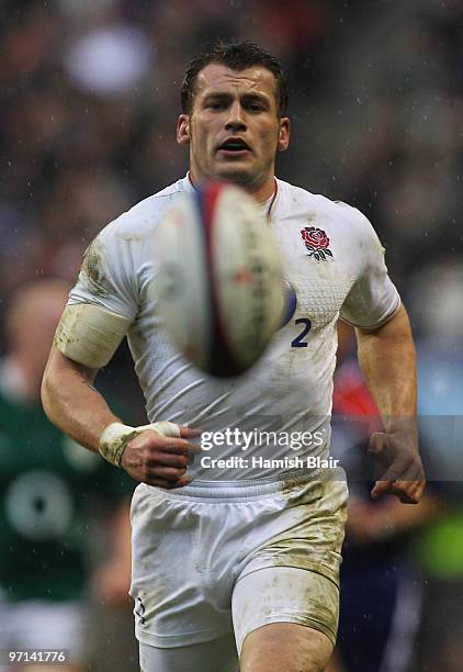Mark Cueto of England keeps his eye on the ball during the RBS Six Nations match between England and Ireland at Twickenham Stadium on February 27,...