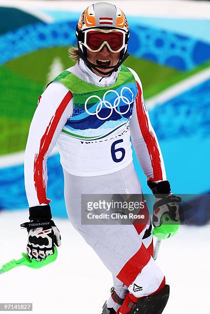 Marcel Hirscher of Austria reacts after the Men's Slalom second run on day 16 of the Vancouver 2010 Winter Olympics at Whistler Creekside on February...