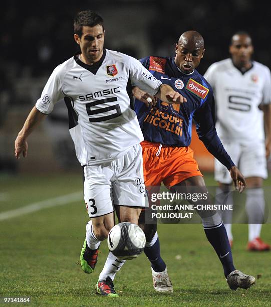 Montpellier's forward Souleymane Camara vies with Rennes' defender Carlos Bocanegra during their French L1 football match Montpellier vs. Rennes, on...