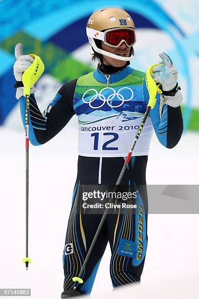 Andre Myhrer of Sweden reacts after the Men's Slalom second run on day 16 of the Vancouver 2010 Winter Olympics at Whistler Creekside on February 27,...