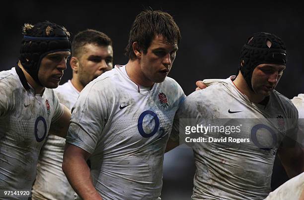James Haskell, Louis Deacon and Steve Borthwick of England prepare to scrum during the RBS Six Nations match between England and Ireland at...