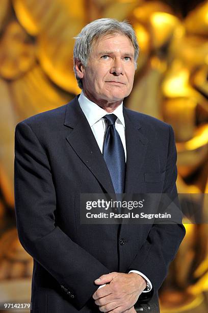 Harrison Ford speaks onstage after he received Honour Cesar Award during the 35th Cesar Film Awards held at Theatre du Chatelet on February 27, 2010...