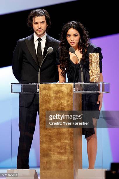 Actors Marc-Andre Grondin and Hafsia Herzi onstage during the 35th Cesar Film Awards held at Theatre du Chatelet on February 27, 2010 in Paris,...