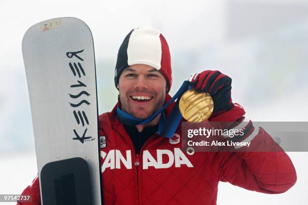 Jasey Jay Anderson of Canada reacts after winning the gold medal in the Snowboard Men's Parallel Giant Slalom on day 16 of the Vancouver 2010 Winter...