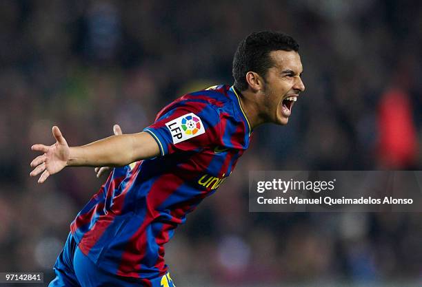 Pedro of FC Barcelona celebrates after scoring 1-0 during the La Liga match between Barcelona and Malaga at Camp Nou on February 27, 2010 in...