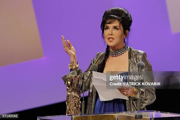 French actress Isabelle Adjani gives a speech after receiving the award of the best actress for her part in "La journee de la jupe" by French...