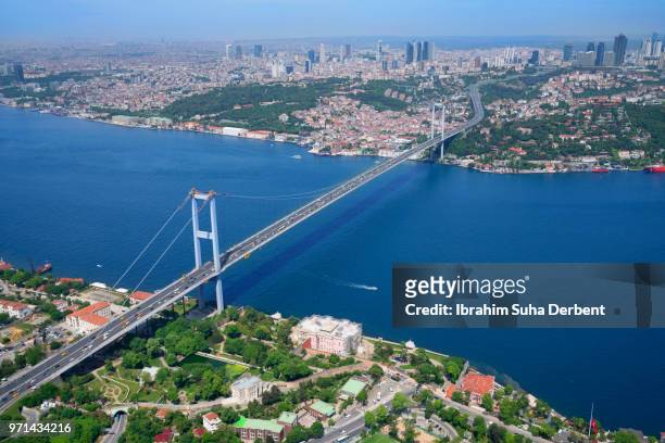 aerial view of 15 july martyrs bridge, istanbul - strait stock pictures, royalty-free photos & images