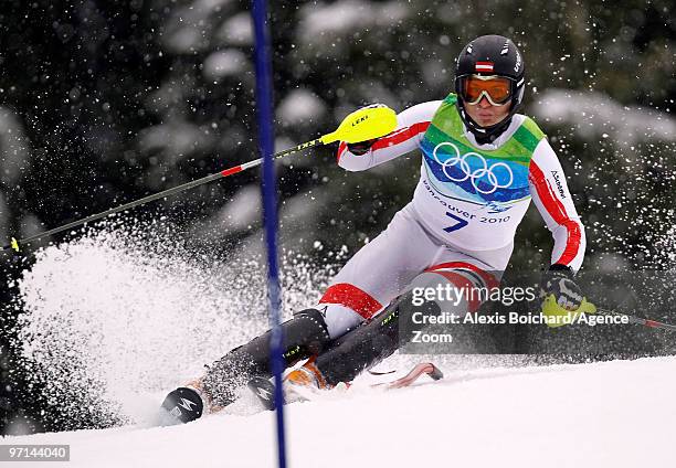 Reinfried Herbst of Austria during the Men's Alpine Skiing Slalom on Day 16 of the 2010 Vancouver Winter Olympic Games on February 27, 2010 in...