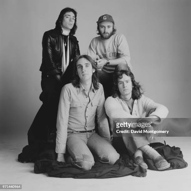 British rock band Genesis, UK, January 1976; they are: Steve Hackett, Phil Collins, Tony Banks and Mike Rutherford.