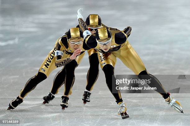 Team Japan with Masako Hozumi, Nao Kodaira and Maki Tabata compete in the ladies' team pursuit final on day 16 of the 2010 Vancouver Winter Olympics...