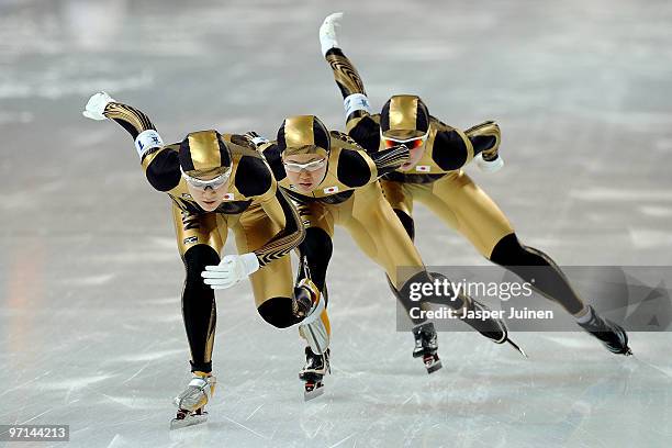 Team Japan with Masako Hozumi, Nao Kodaira and Maki Tabata compete in the ladies' team pursuit final on day 16 of the 2010 Vancouver Winter Olympics...