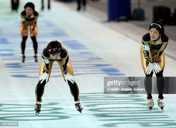 Team Japan with Nao Kodaira and Masako Hozumi catch their breath after the ladies' team pursuit final on day 16 of the 2010 Vancouver Winter Olympics...