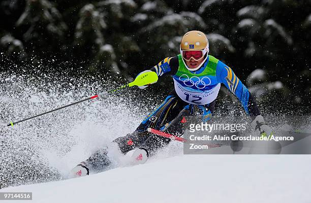 Andre Myhrer of Sweden takes the Bronze Medal during the Men's Alpine Skiing Slalom on Day 16 of the 2010 Vancouver Winter Olympic Games at Whistler...