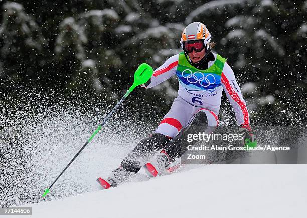 Marcel Hirscher of Austria competes during the Men's Alpine Skiing Slalom on Day 16 of the 2010 Vancouver Winter Olympic Games at Whistler Creekside...