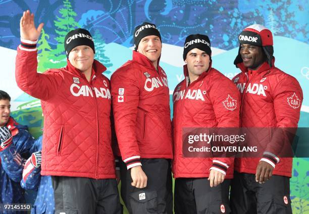 Lyndon Rush, Chris Le Bihan, David Bisset and Lascelles Brown of the Canada-1 four-man bobsleigh team celebrate winning bronze in the 4-man bobsleigh...