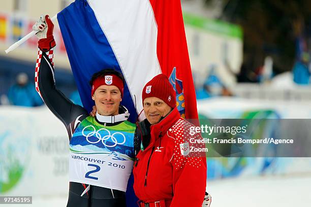 Ivica Kostelic of Croatia takes the Silver Medal and is congratulated by his father Ante during the Men's Slalom on day 16 of the Vancouver 2010...