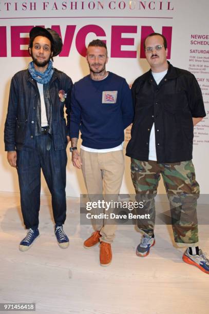 Nicholas Daley, David Beckham and Liam Hodges attend the NEWGEN LFWM June 2018 Breakfast during London Fashion Week Men's June 2018 at the BFC...