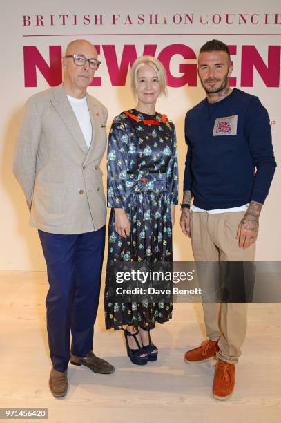 Dylan Jones, Justine Simons and David Beckham attend the NEWGEN LFWM June 2018 Breakfast during London Fashion Week Men's June 2018 at the BFC...