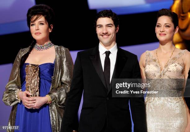 Actress Isabelle Adjani best Actress 2010 ActorTahar Rahim Best Actor 2010 and President of the ceremony actress Marion Cotillard pose after the show...